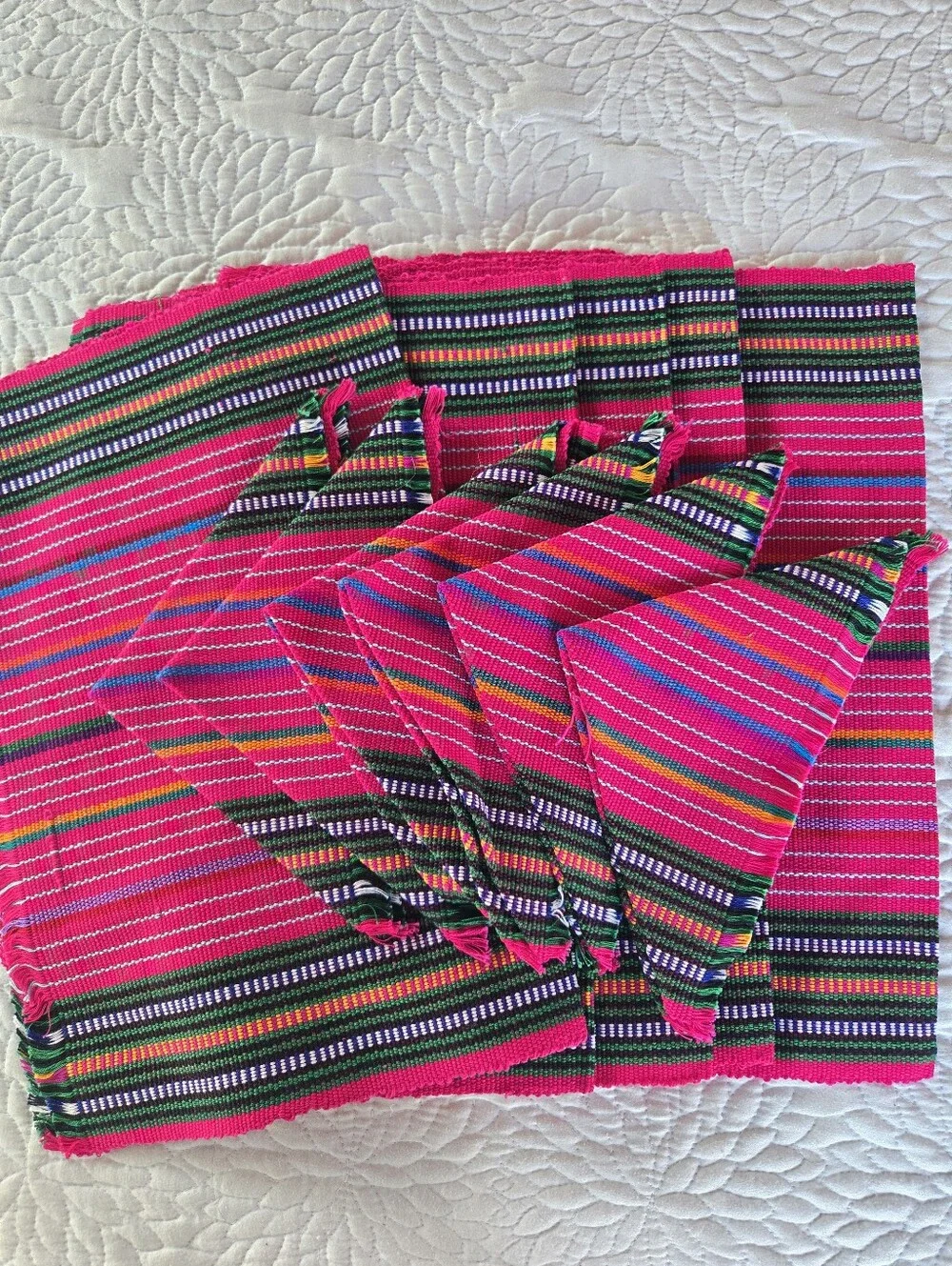Handwoven Bright Pink Set Of Six Guatamalen Placemats & Napkins Newl